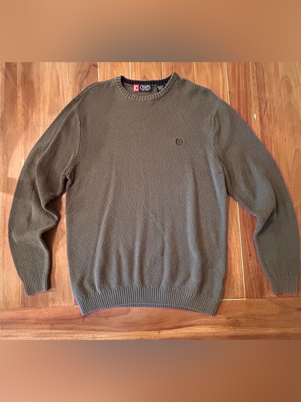 Chaps Mens Medium Green 100% Cotton Textured Waffle Knit Crewneck Sweater